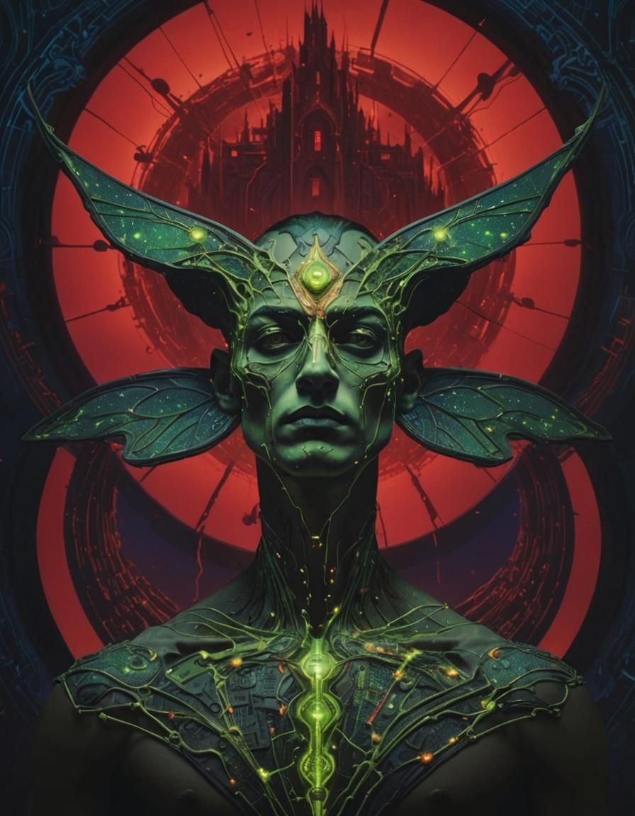 Surreal Ecopunk Fairy Overlooking Pixelated Landscape