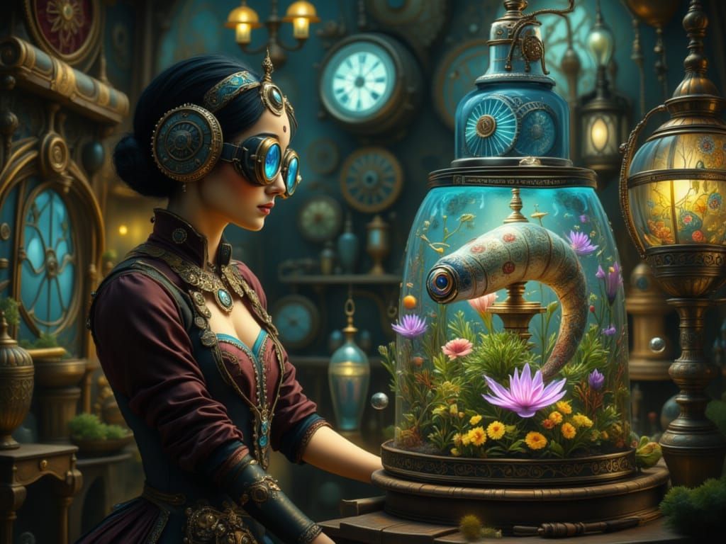 A whimsical scene of a woman with elaborate steampunk goggle...