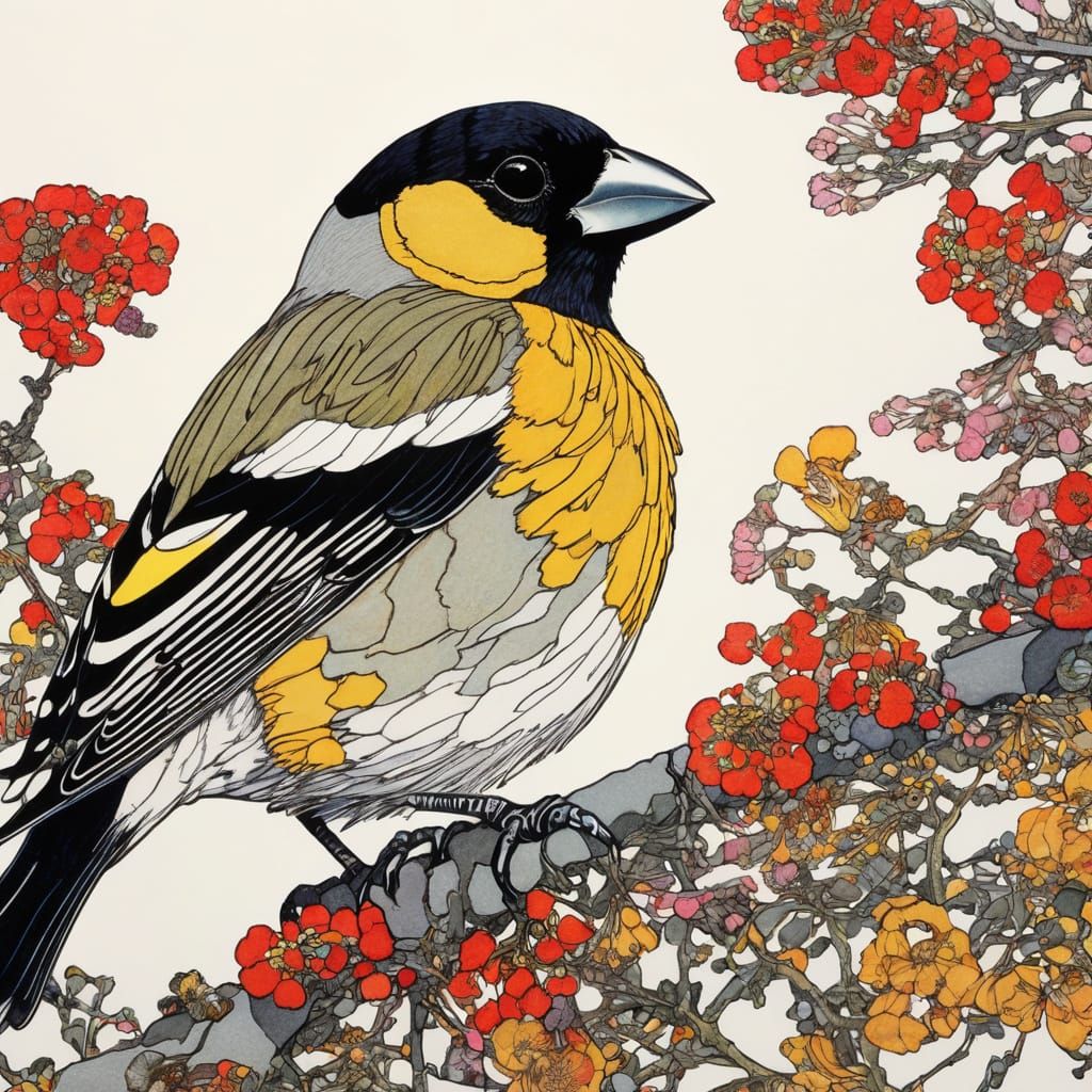 Intricate Evening Grosbeak Line Drawing in Art Nouveau Style