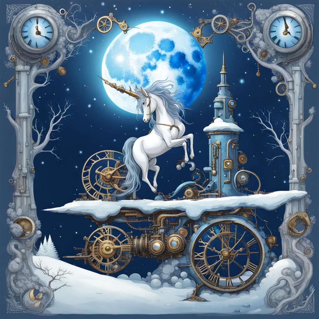 Steampunk Landscape with Angel, Unicorn, and Spaceship