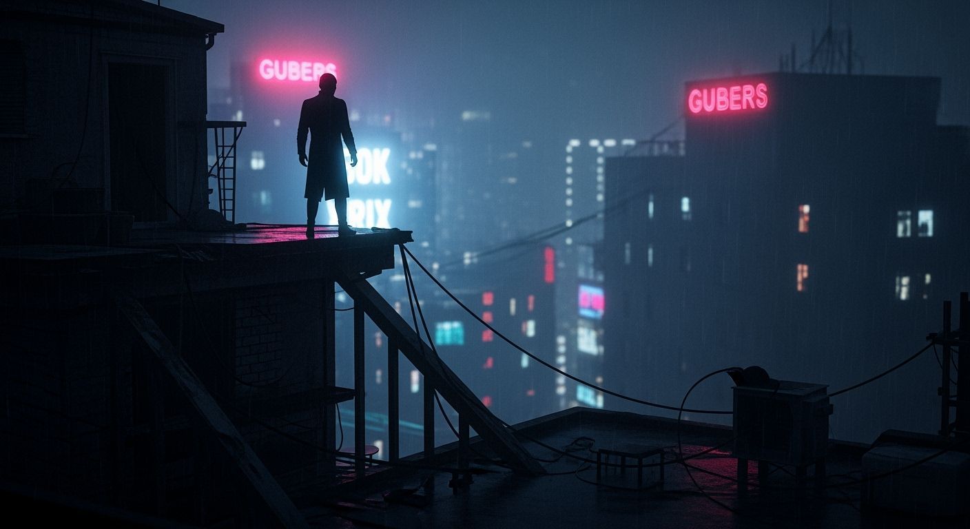 Shadowy Figure on Rooftop Overlooking Neon Cityscape