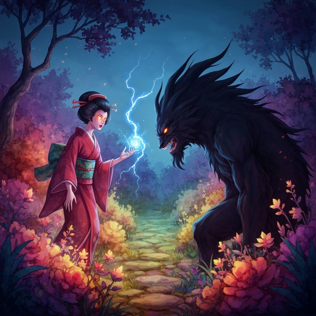 Geisha Confronts Shadow Beast in Mystical Garden