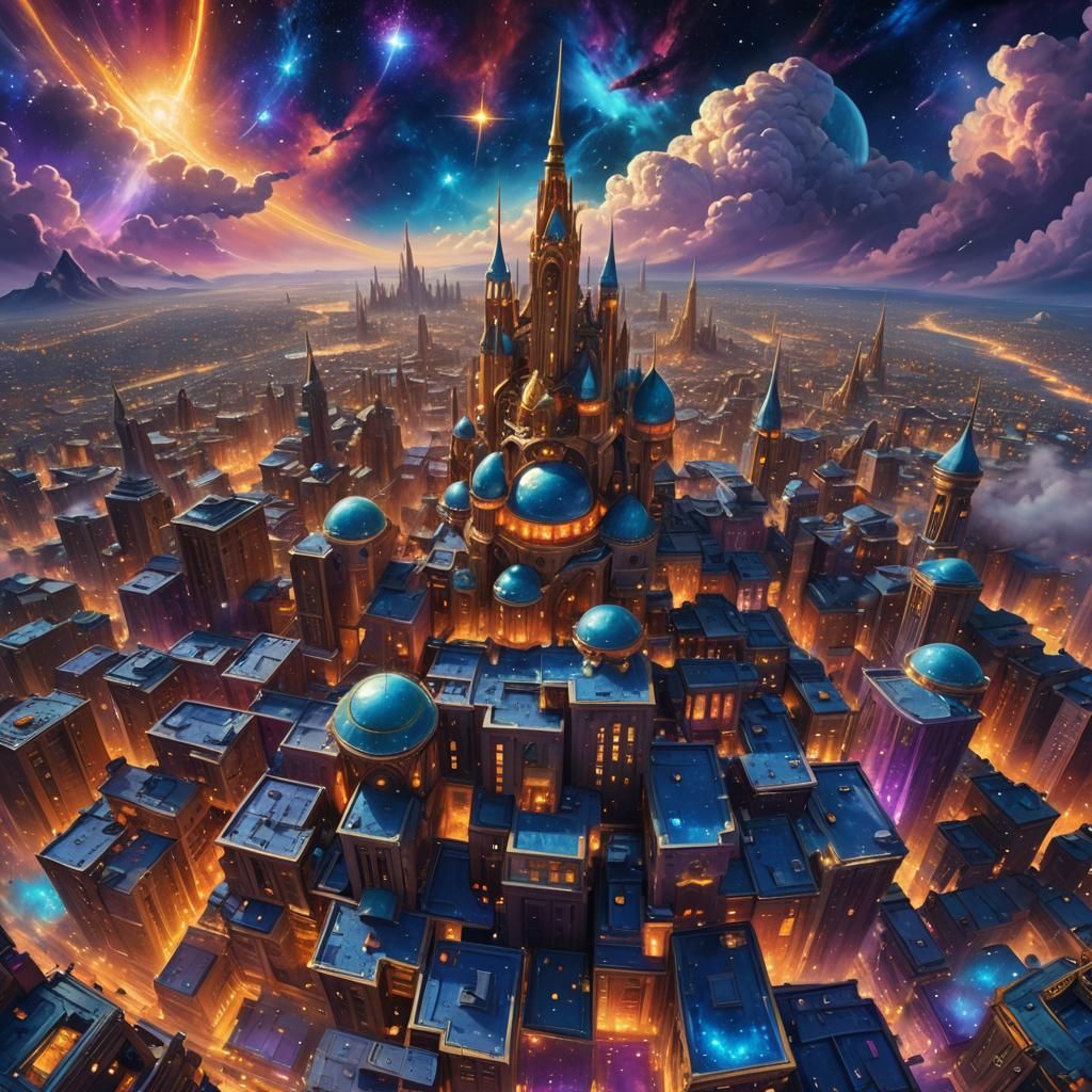 Celestial City Concept Art in Vibrant Oil Painting Style
