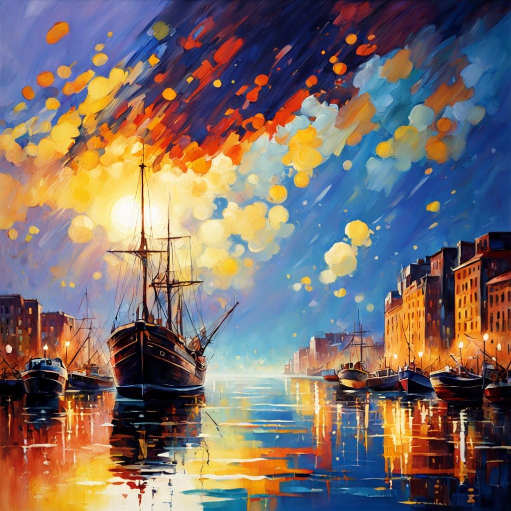 Vibrant Cityscape by Dynamic Ocean, Impressionist Style