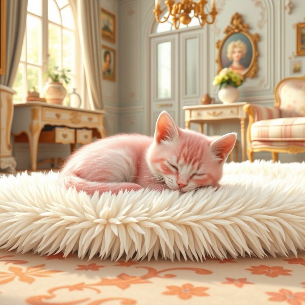 Pink Kitten Asleep in Sunlit Room, Art Nouveau Style