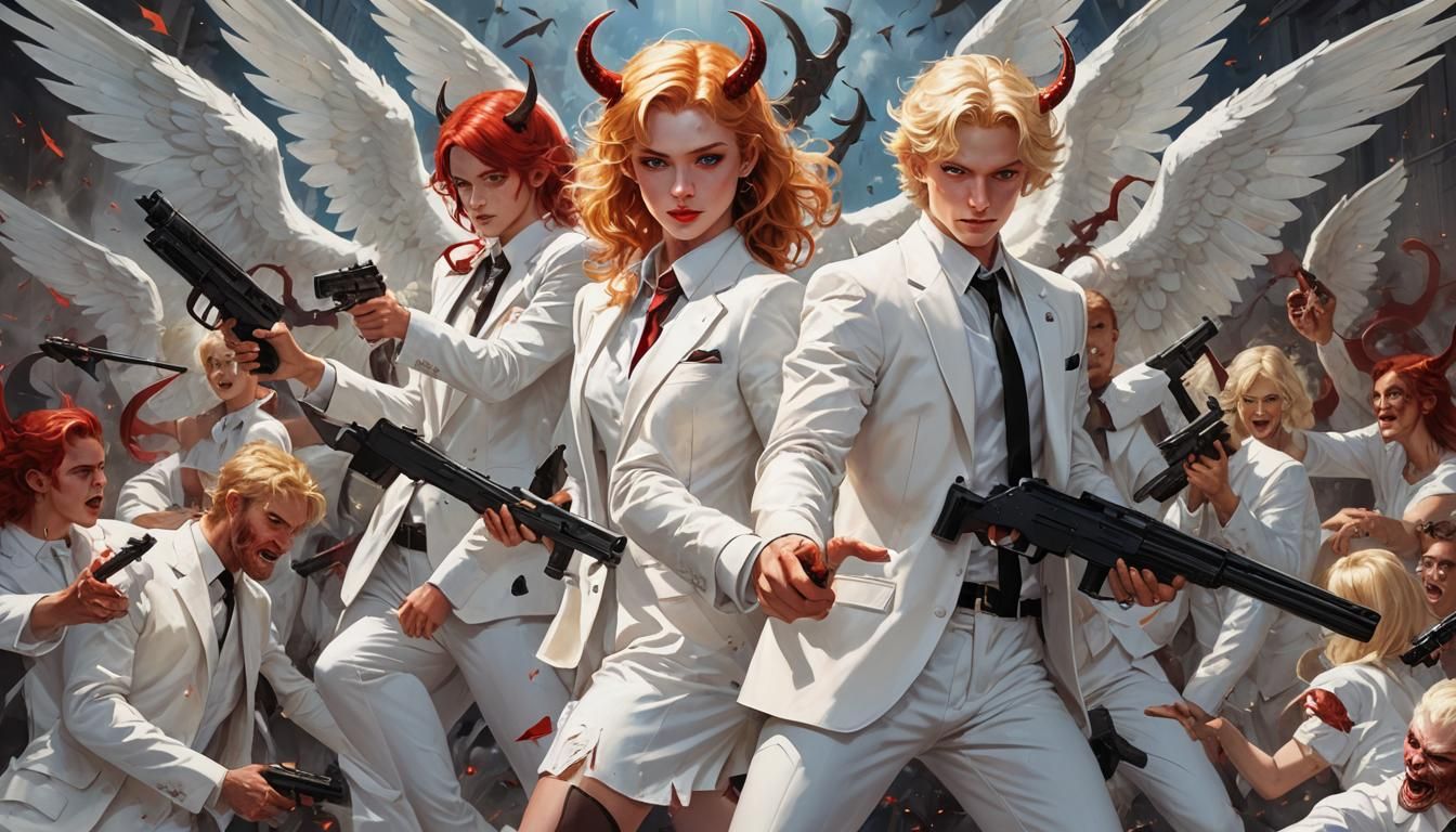 Angelic Warrior and Devil Woman in a Fiery Standoff