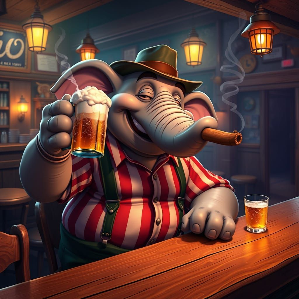 Jovial Elephant Sits at Whimsical Pub, Enjoying Beer and Cig...