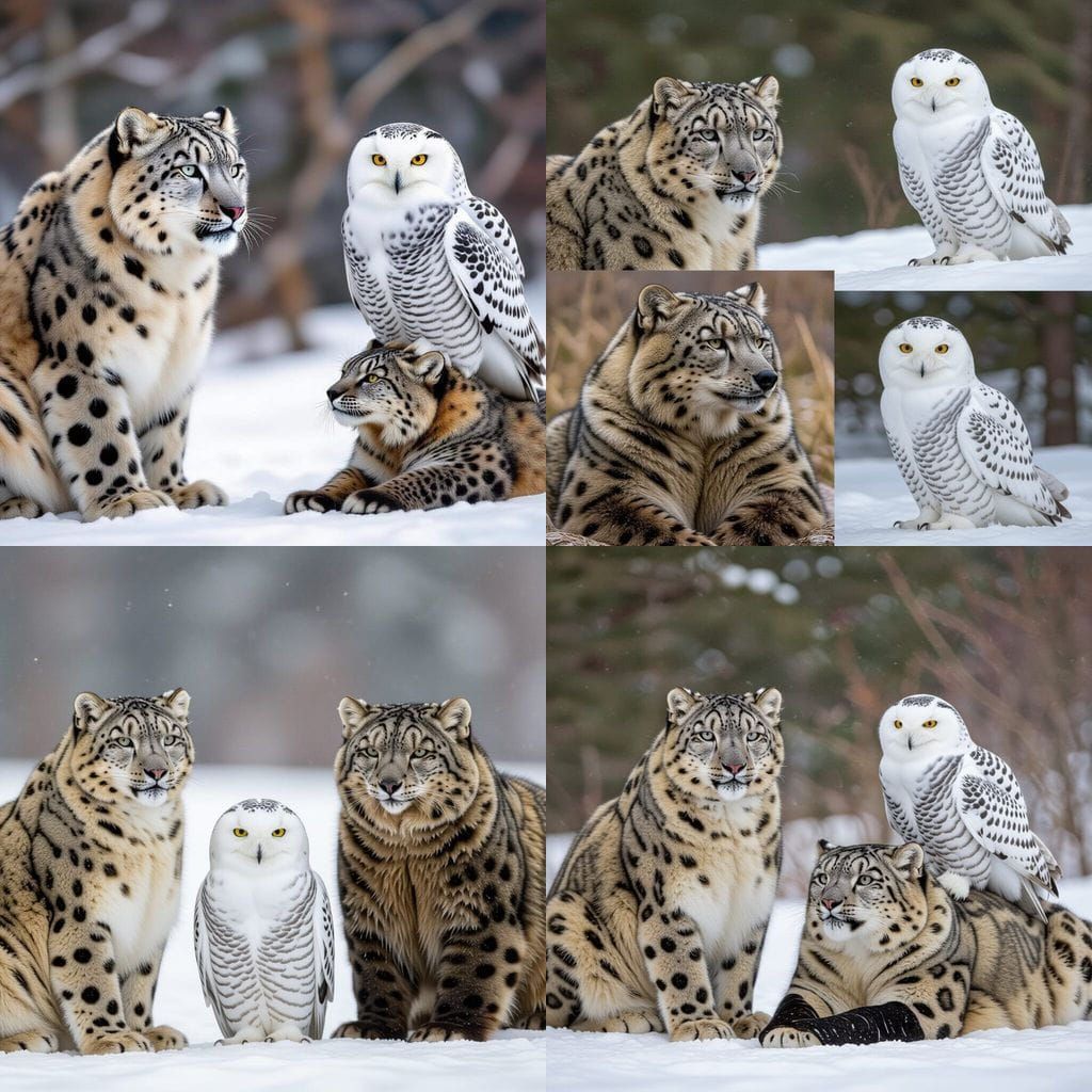 Snow Leopard, Snowy Owl, and Grizzly Cat Together