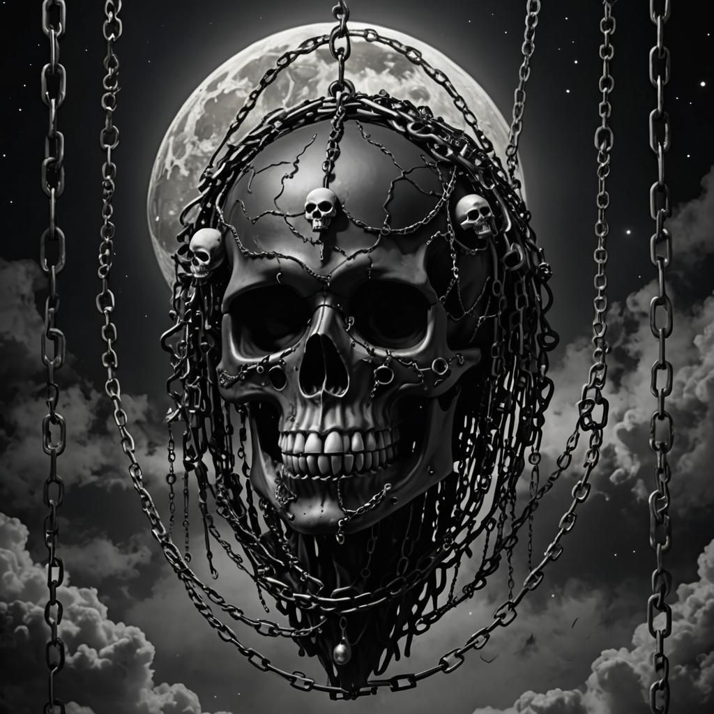 Surreal Black Voodoo Skull Floats Amidst Chains in a Cosmic...