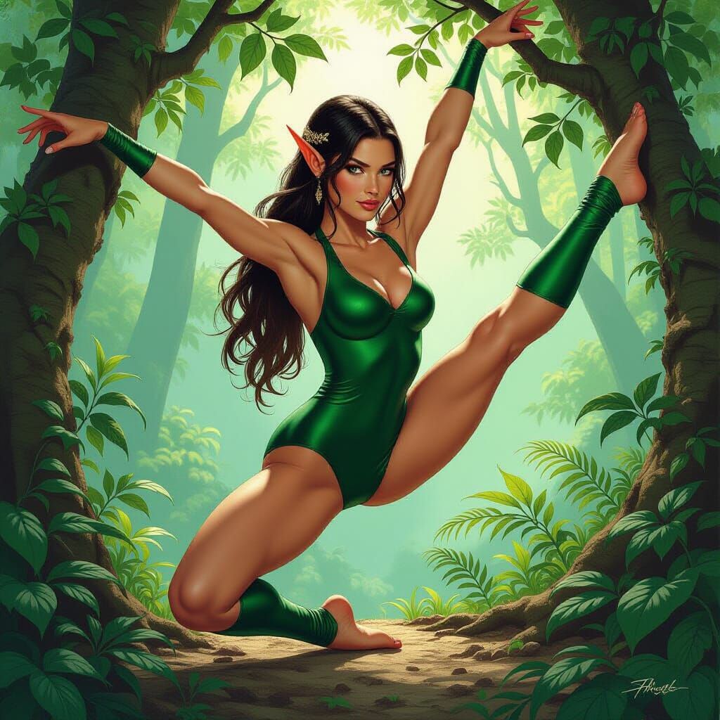 Elf Performing Splits as Fantasy Oil Painting