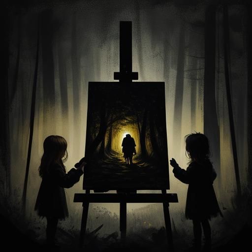 Dark Forest Children's Easel Painting with Golden Highlights
