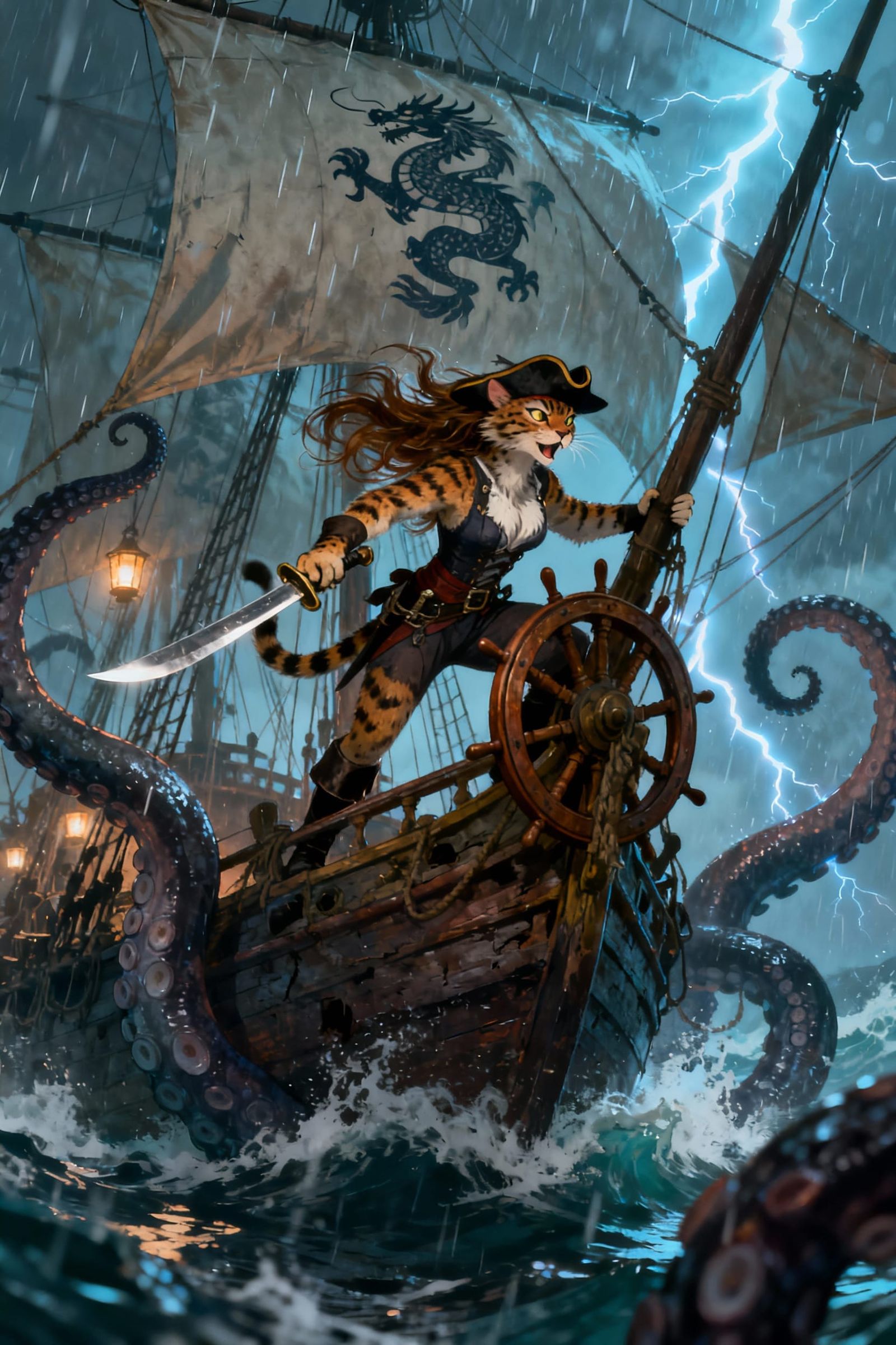 Anthropomorphic Lynx Pirate Battles Kraken in Storm