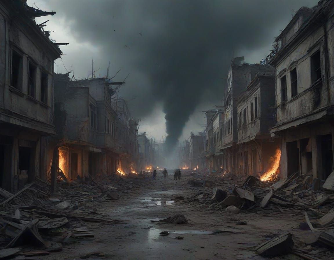 Crowd Fleeing War-Torn City Under Rocket Fire