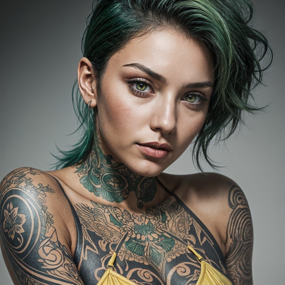 Latina Beauty with Green Hair, Hyperrealistic Digital Art