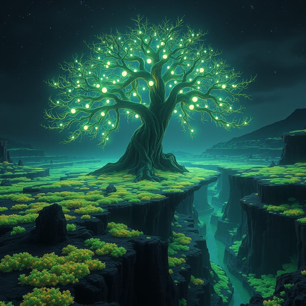 Bioluminescent Tree in Alien Landscape, Photorealistic Rende...