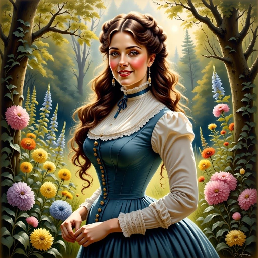 Victorian Lady Exploring a Mystical Botanical Garden