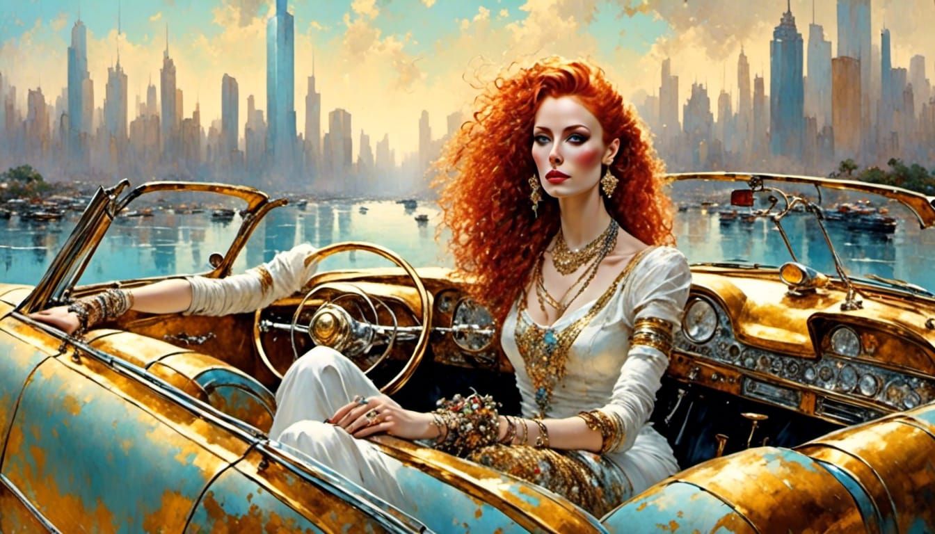 Luxurious Redhead Goddess Drives Across Serene Waterway Towa...