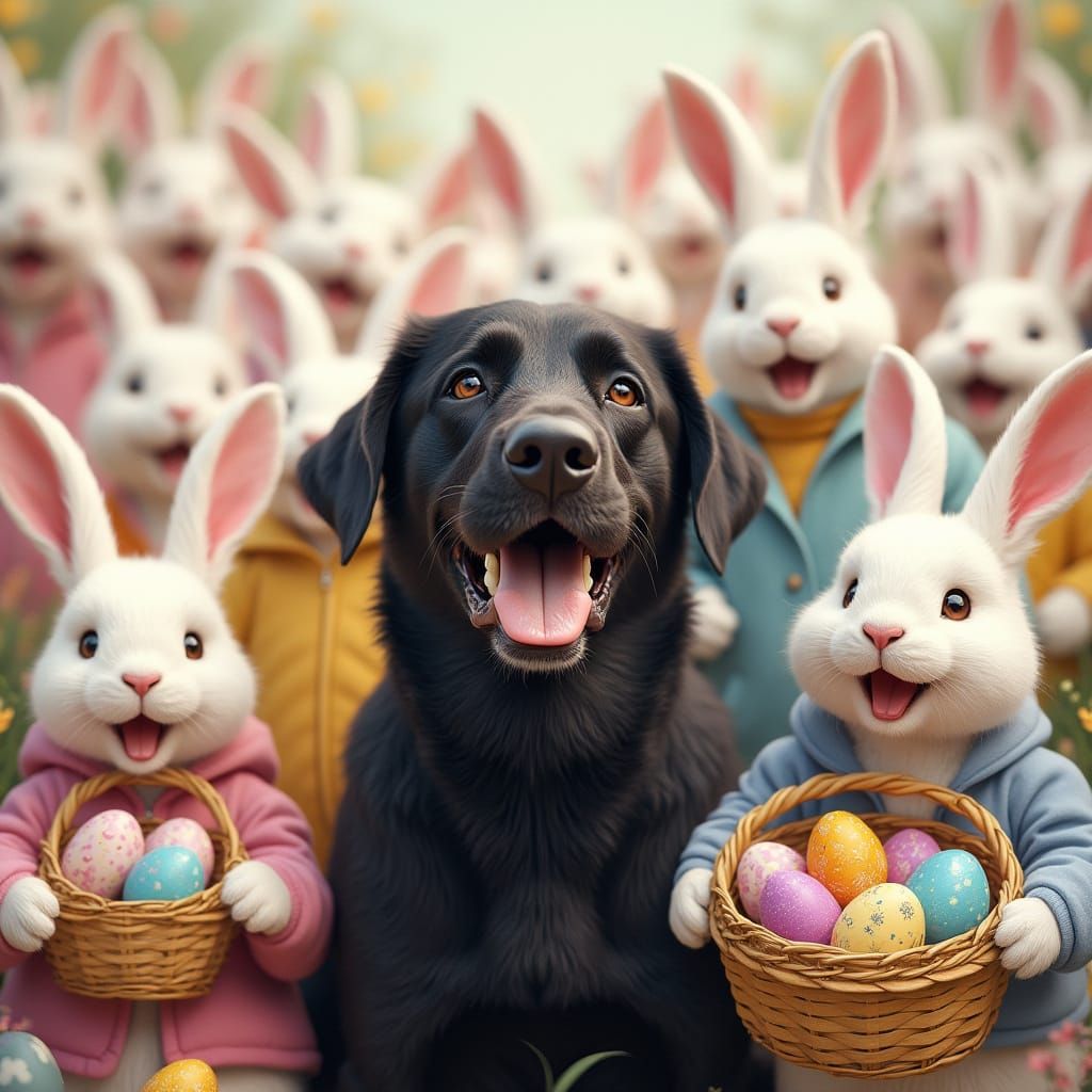 Joyful Black Labrador Surrounded by Happy Easter Bunnies in ...