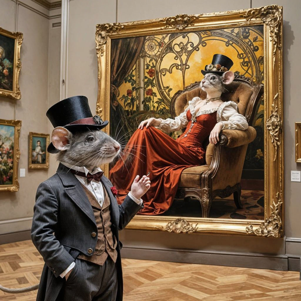 Steampunk Mouse Art Critic in Art Nouveau Gallery