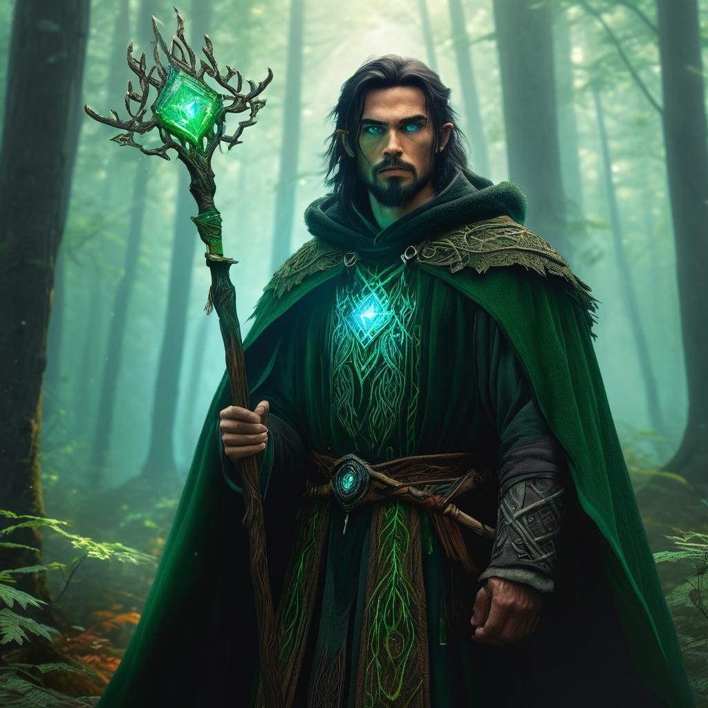 Druid in Misty Forest, Fantasy Art