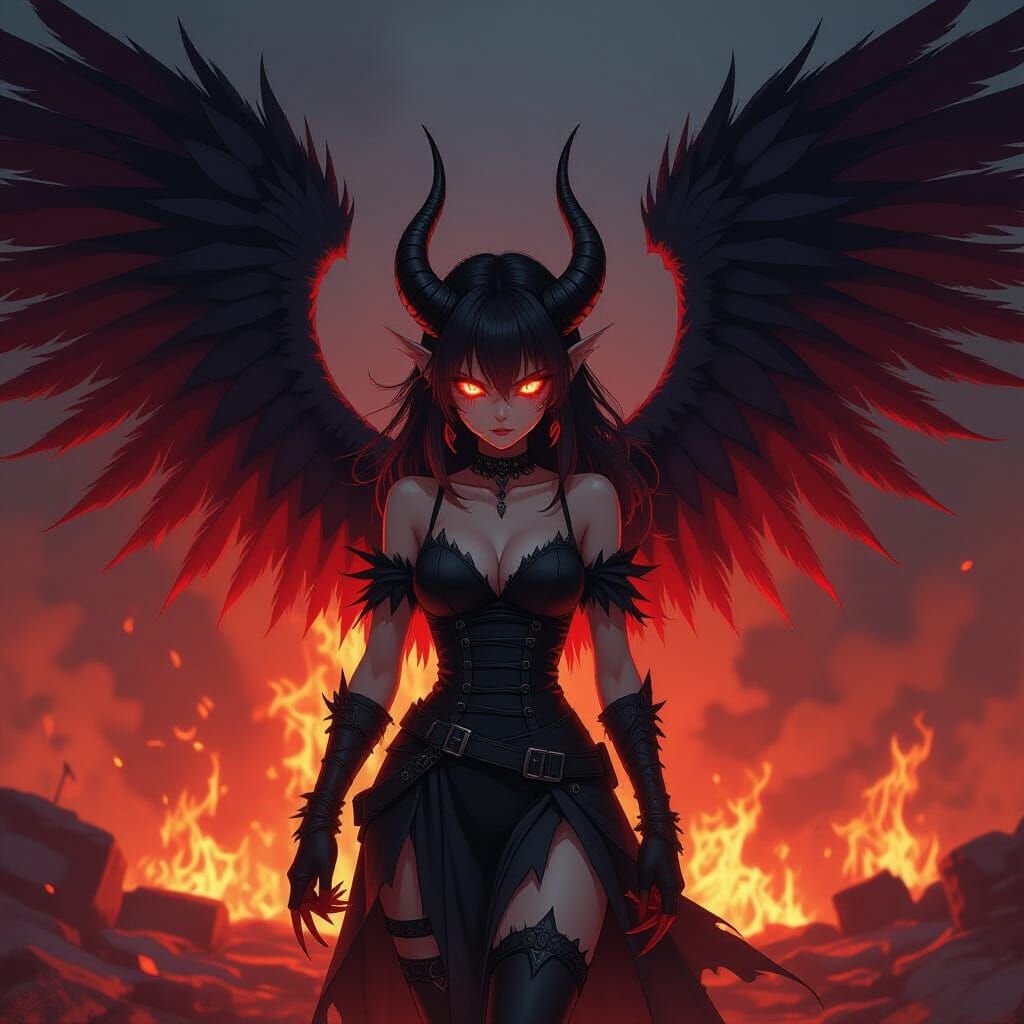 Fierce Anime Demon Girl with Fiery Wings