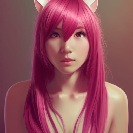 Cute Asian Character with Pink Hair and Cat Ears