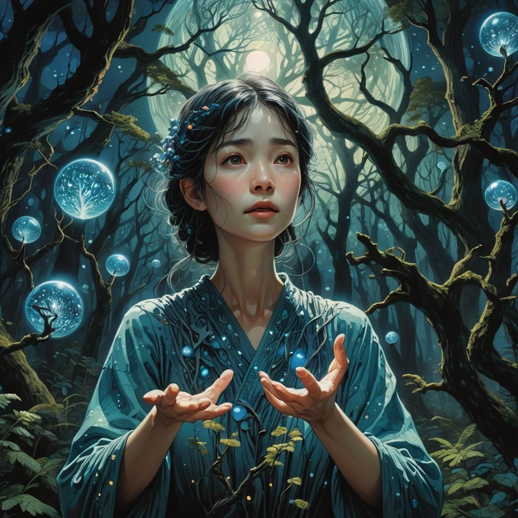 Woman with Glowing Orb in Whimsical Forest