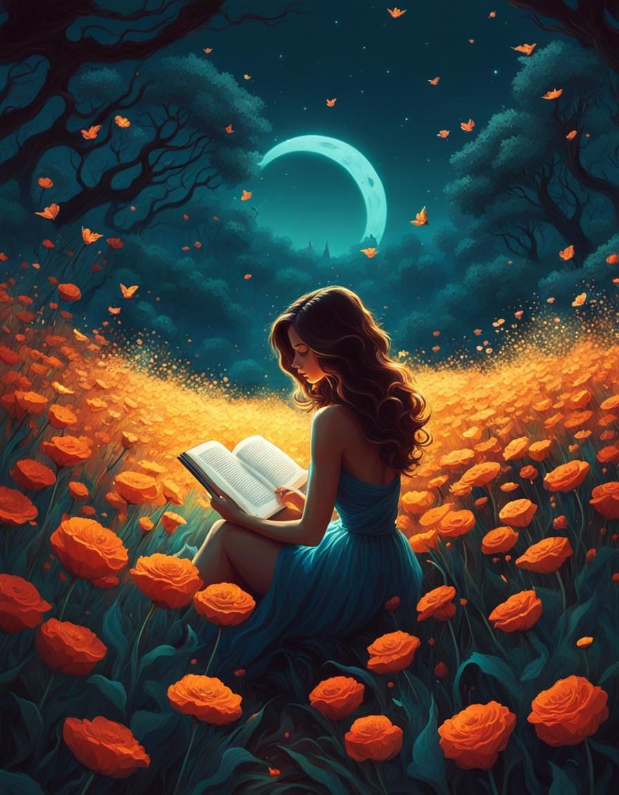 Woman Reading in Neon Flower Field
