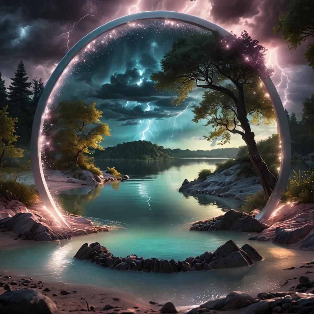 Pastel Lake Portal to Serene Beach in Photorealism