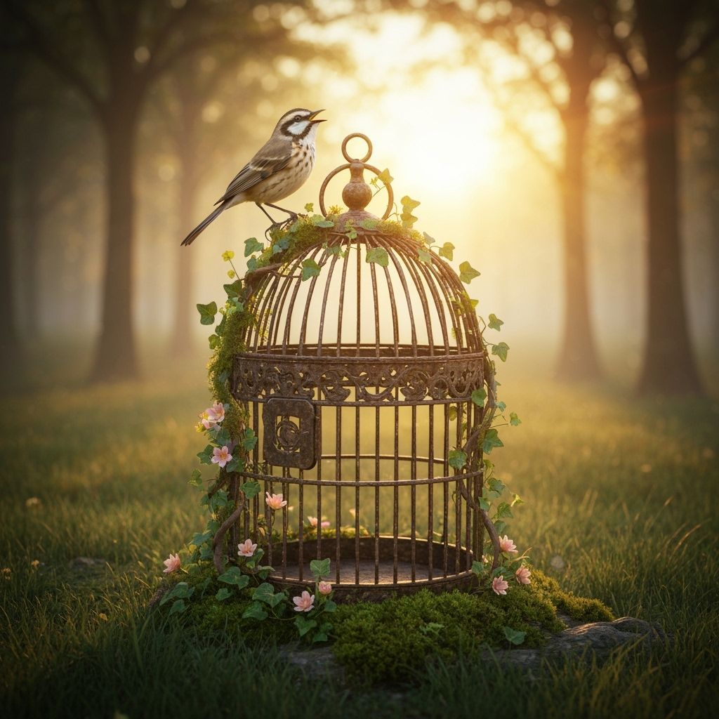 Ornate Birdcage With Songbird in Misty Forest Dawn