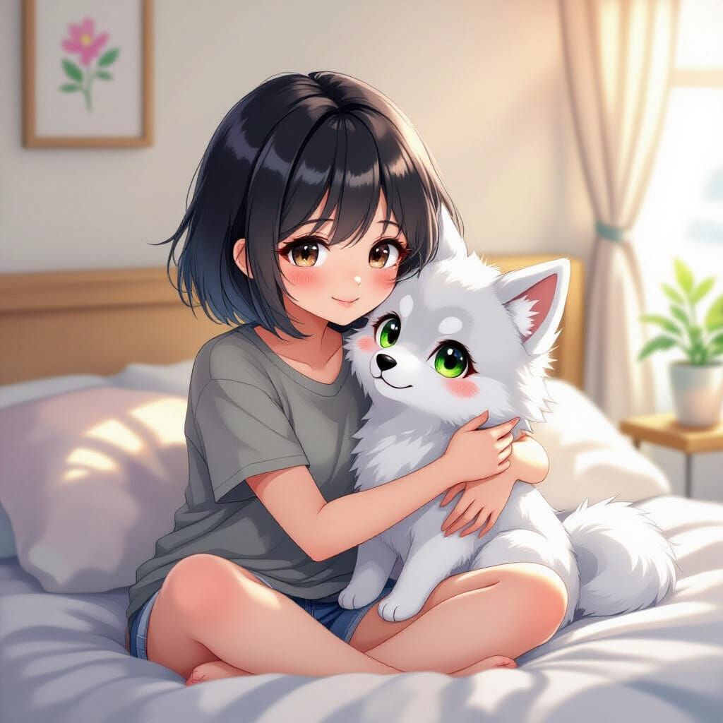 Thai Woman Hugging Wolf Plushie in Anime Watercolor