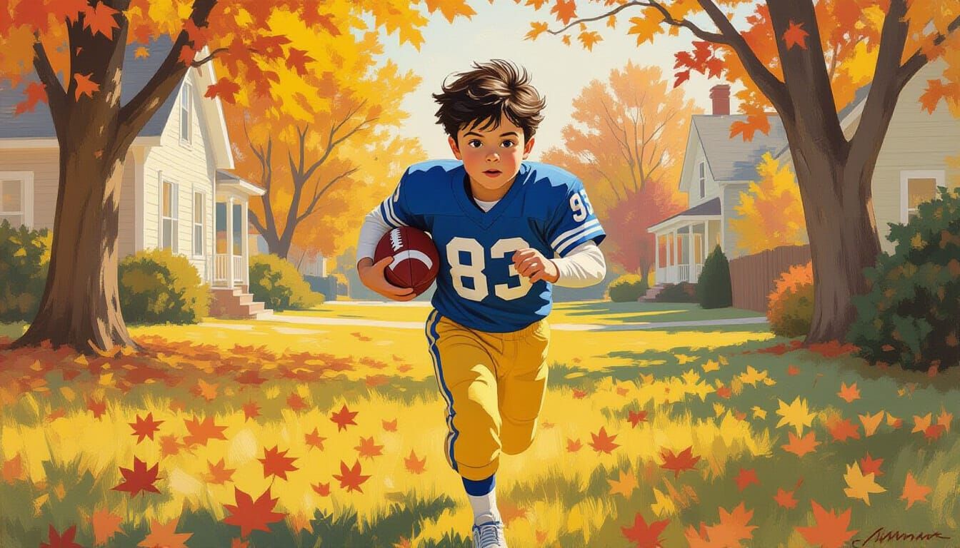 Boy Runs with Football in Autumn Impressionism