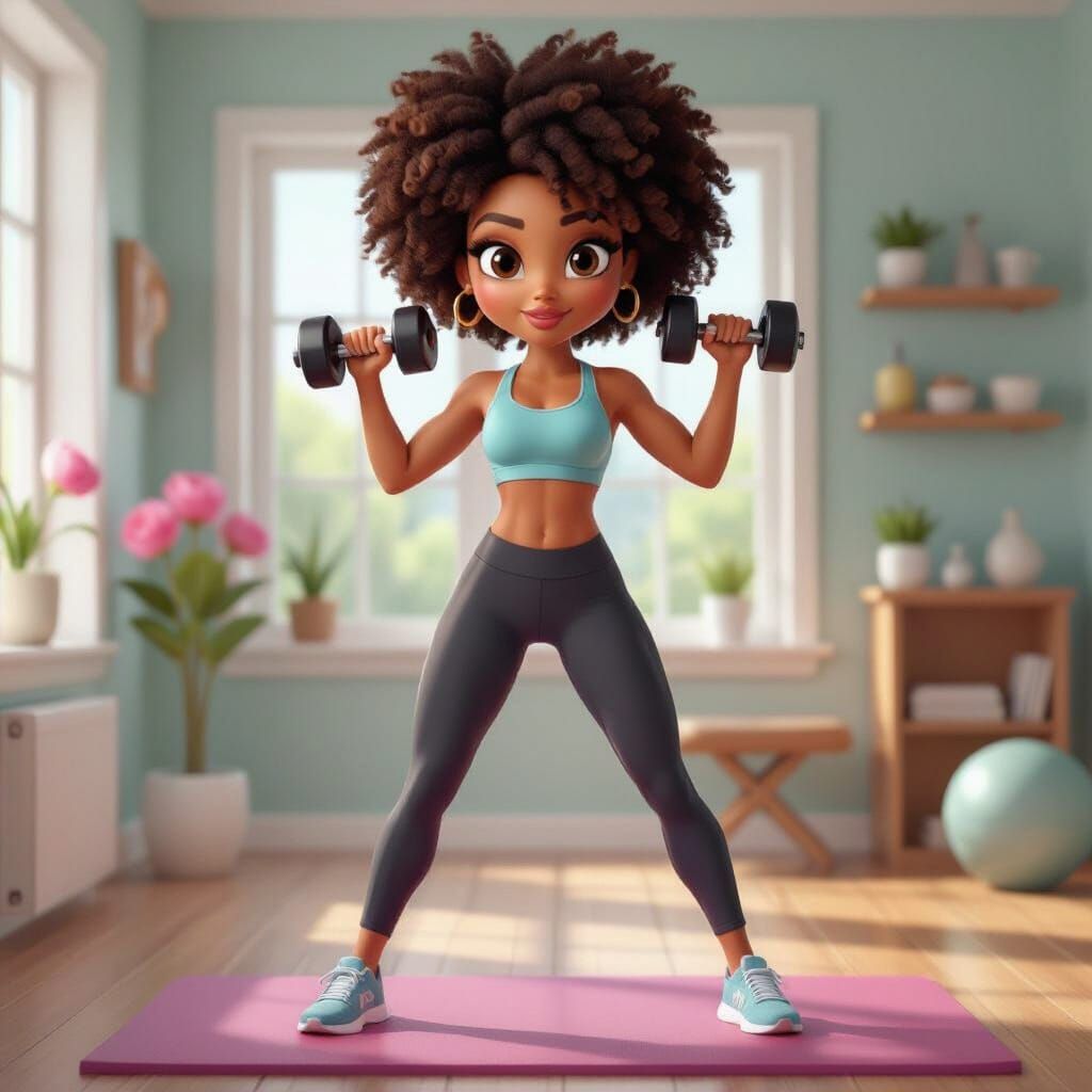 Confident Woman in Home Gym: Pixar-Inspired 3D Cartoon