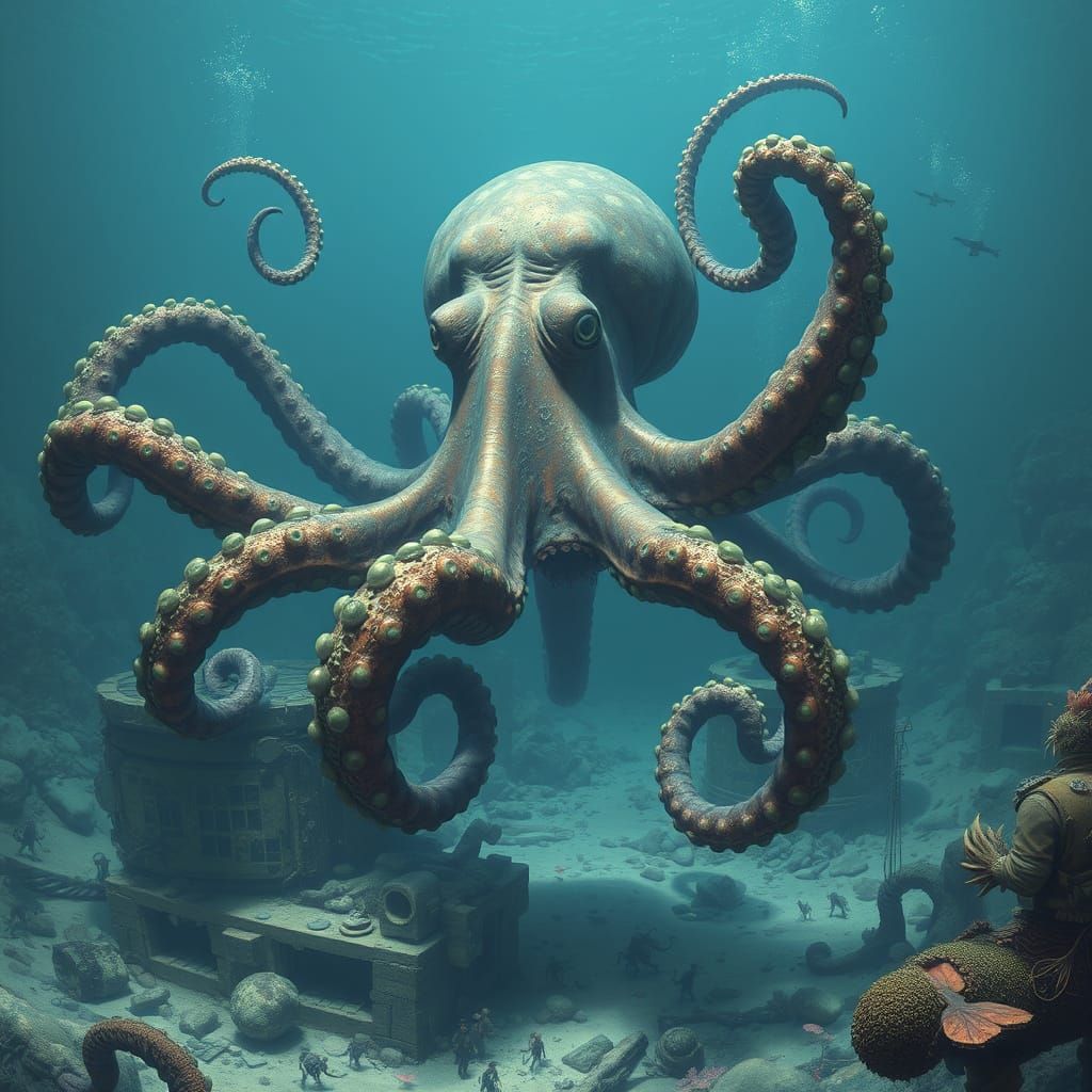 Giant Octopus Over Underwater Lab Ruins