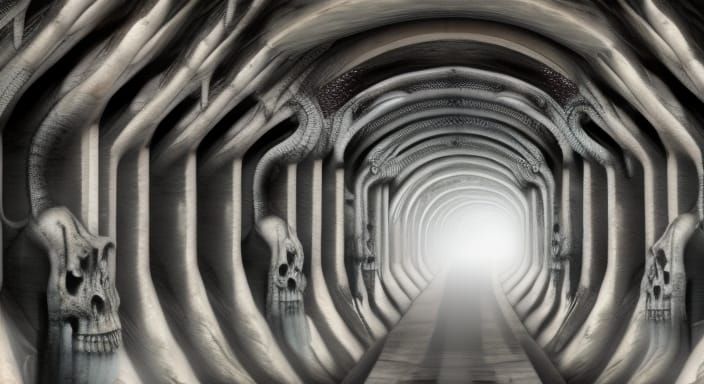 Nightmarish Tunnel with Skeletal Horrors in Photorealistic S...