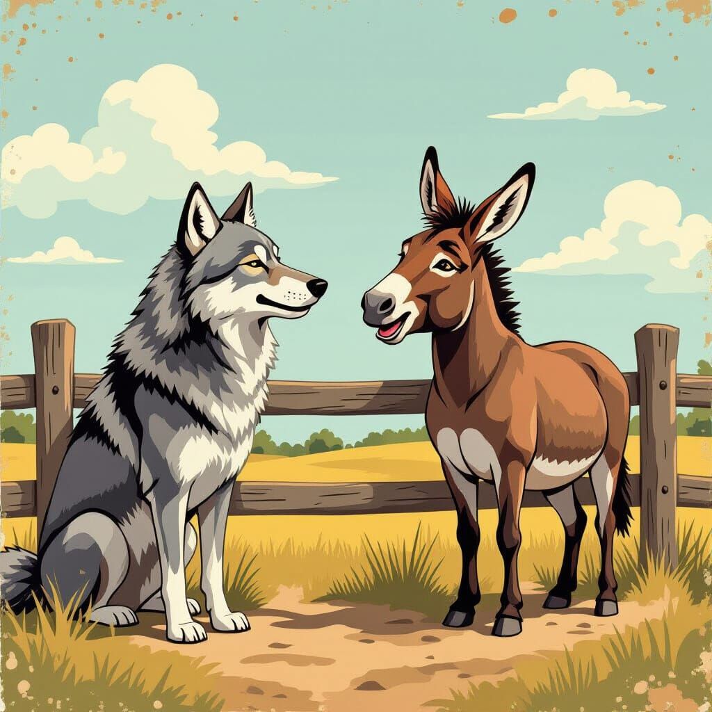 Wolf and Donkey Singing Together in Rough Retro Style
