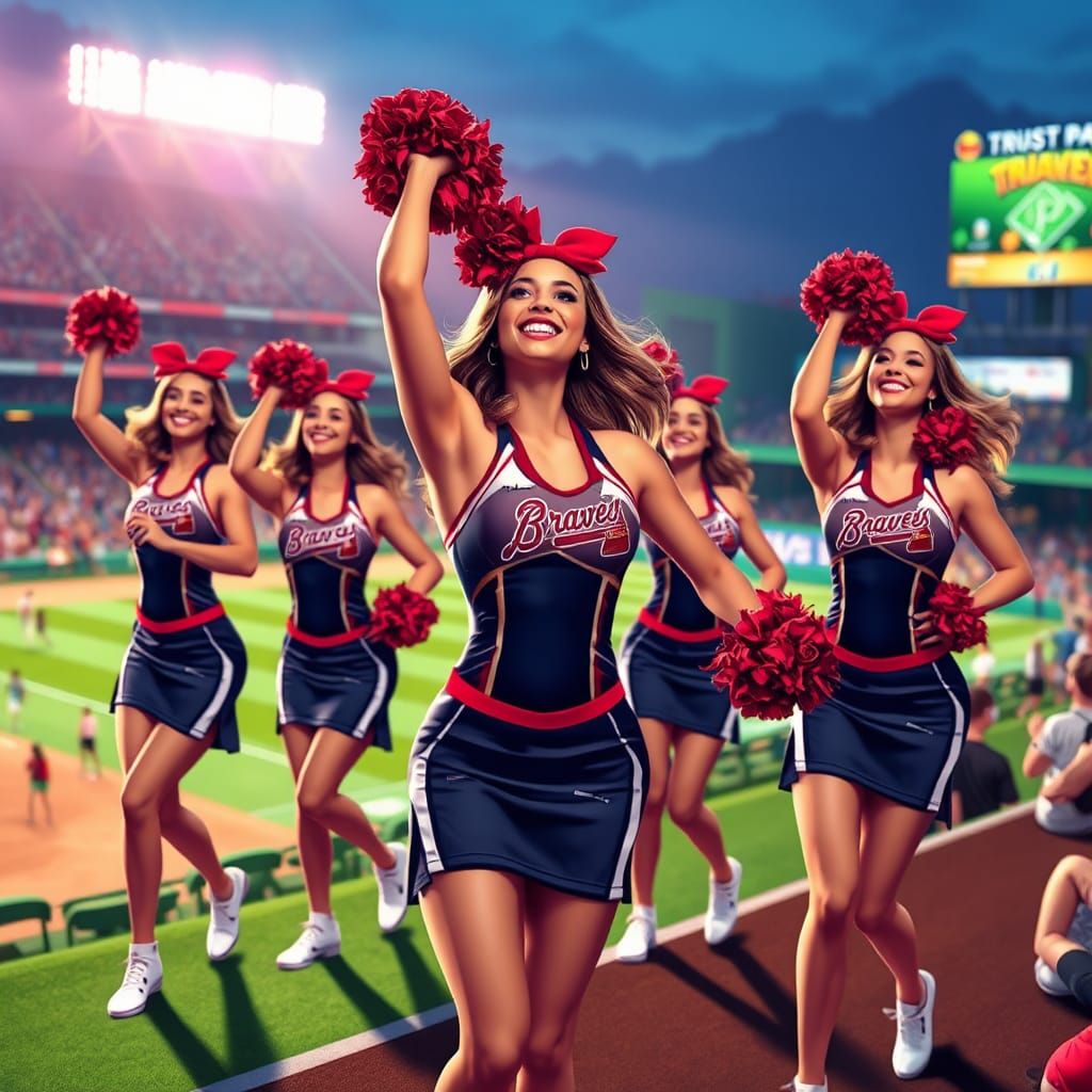 New Atlanta Braves cheerleaders entertaining a baseball crowd in the Truist Park stadium