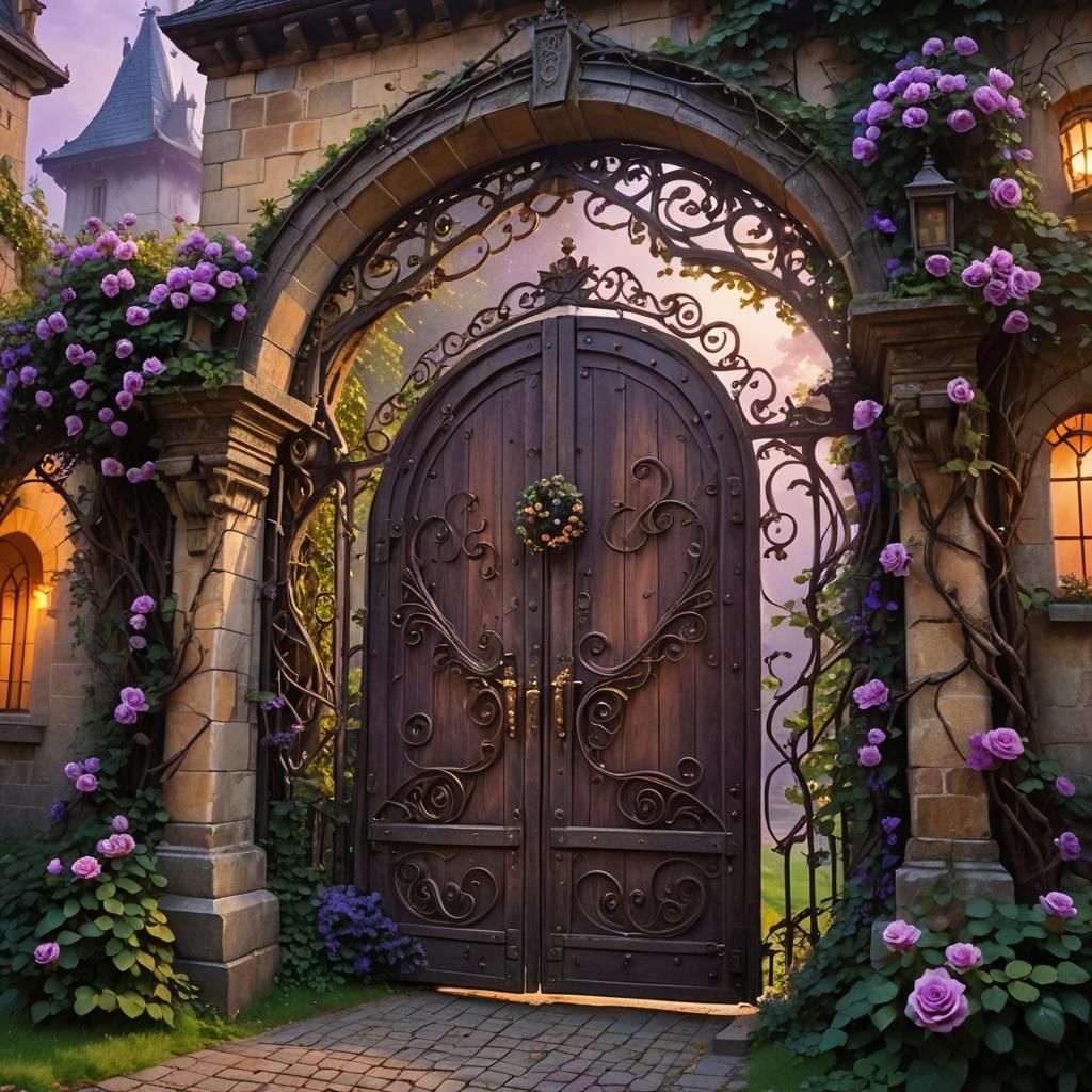 Moonlit Castle Gates with Twisted Vines and Roses