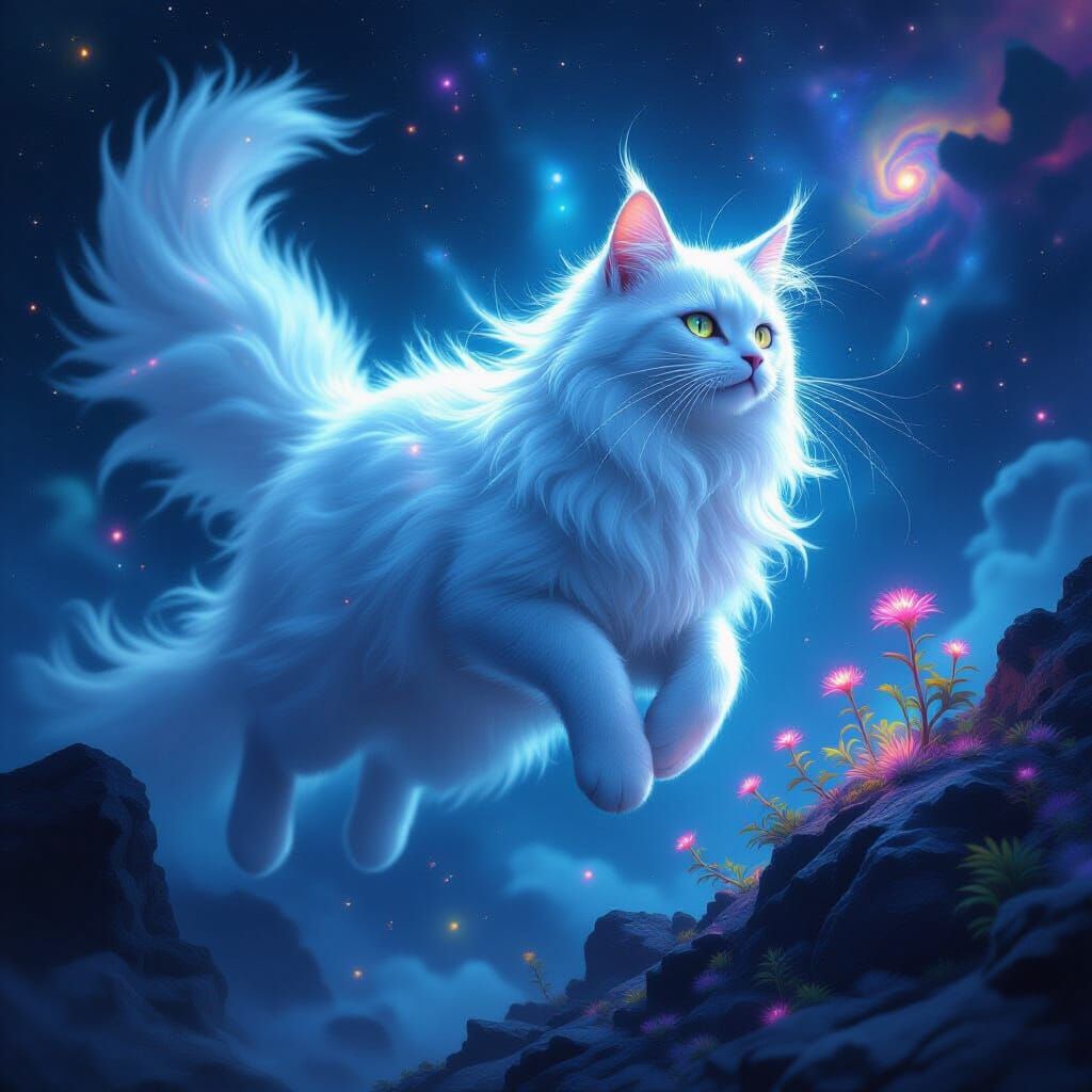 Ethereal Starlight Cat Navigates Cosmic Ocean