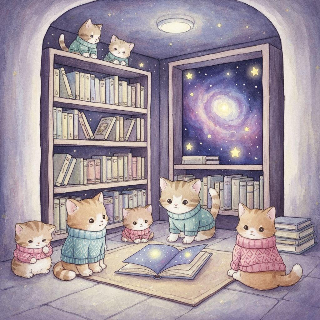 Kittens in Nebula Book Corner, Watercolor Style
