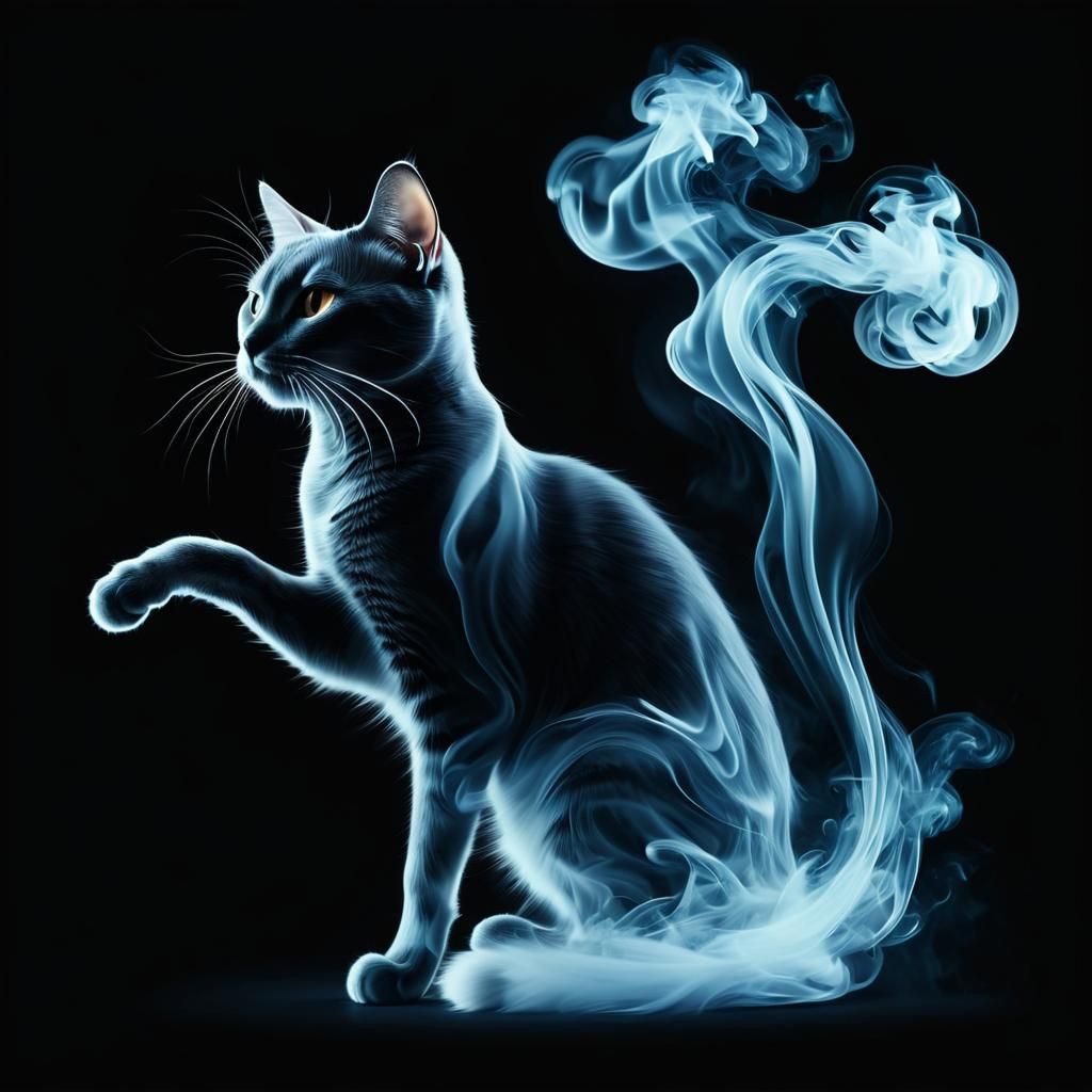 Ethereal Ghost Cat Silhouette in Smoke Painting