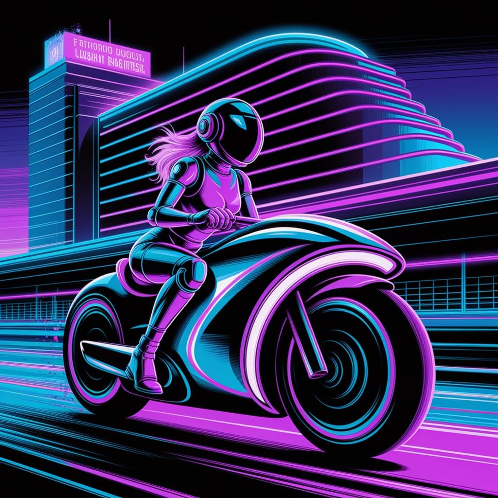 Futuristic Cyber Woman on Light Cycle in Neon Graffiti Style