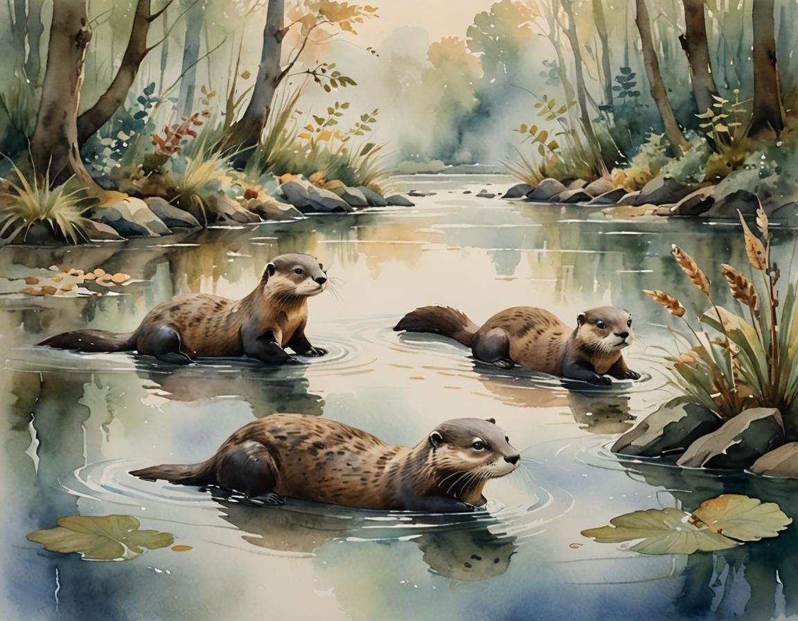 Whimsical Watercolor Otters Floating in a River