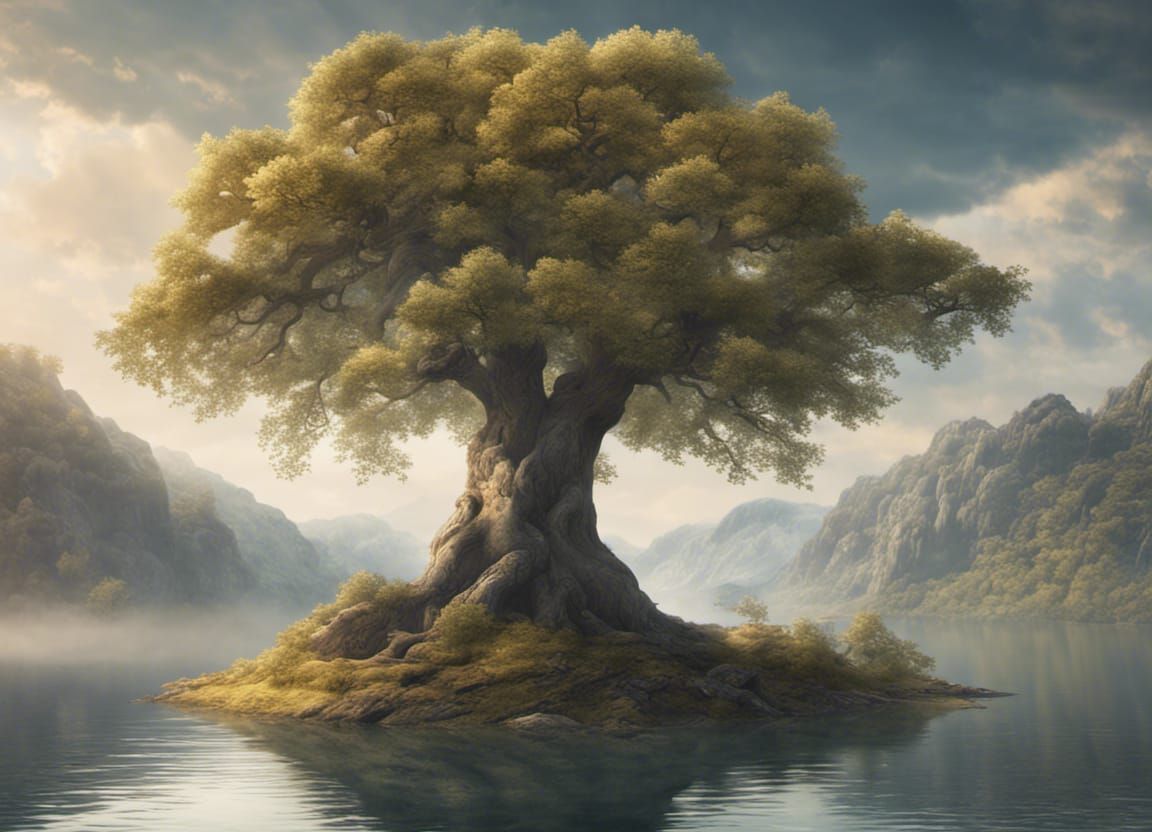 Epic Oak Tree on Mountain Lake: Digital Matte Painting