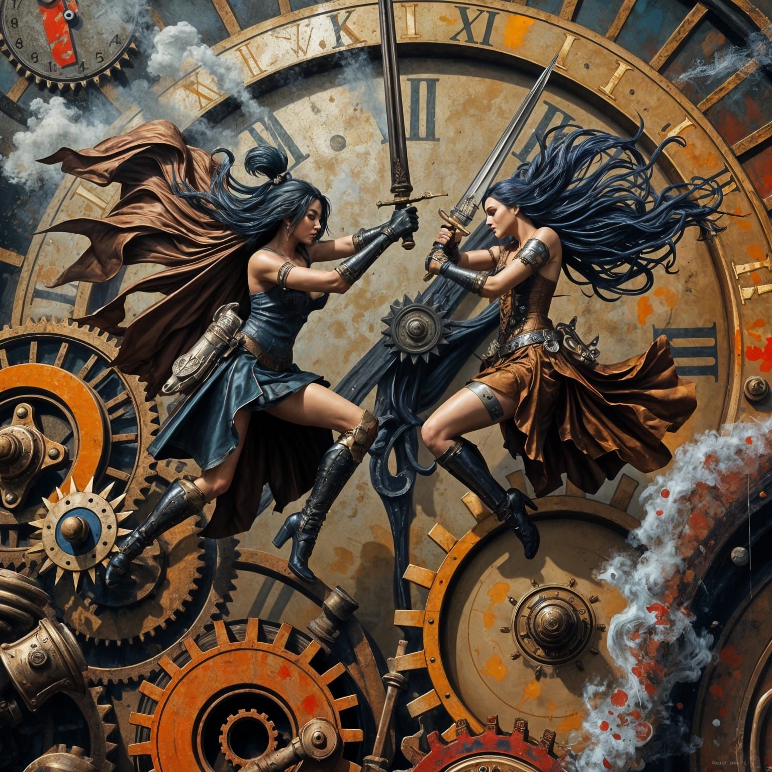 Steampunk Swordwomen Engage in Epic Duel Amidst Clockwork Ch...
