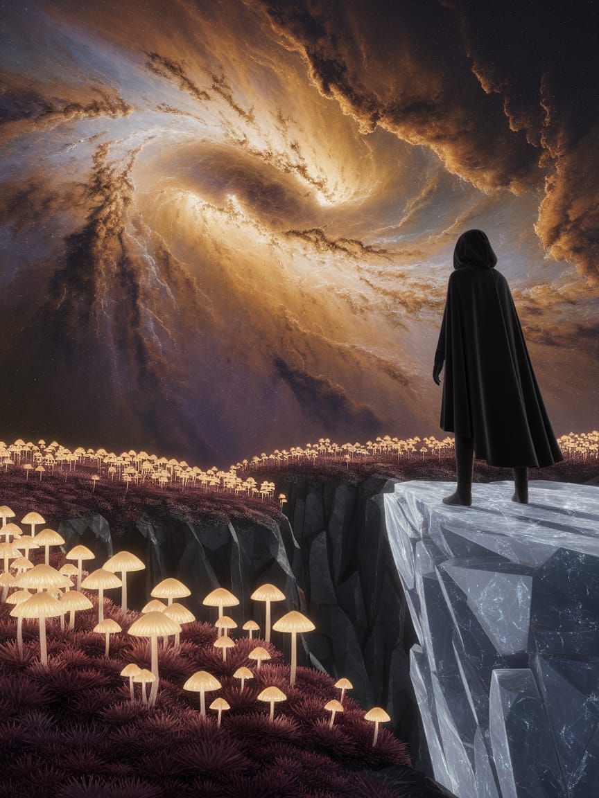 Cloaked Figure on Crystalline Cliff Overlooking Nebula