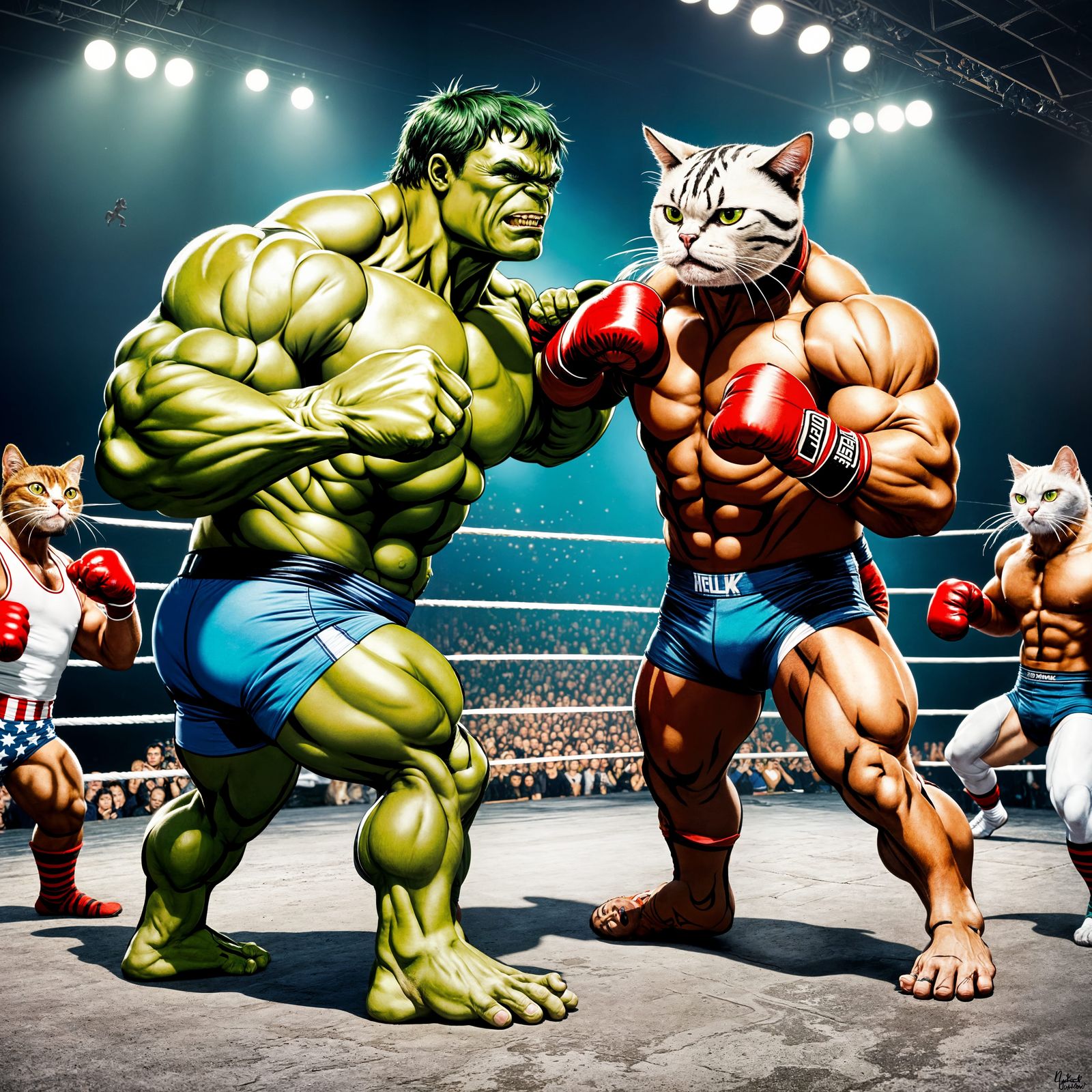 Hulk Versus Wrestler Cats in Boxer Shorts