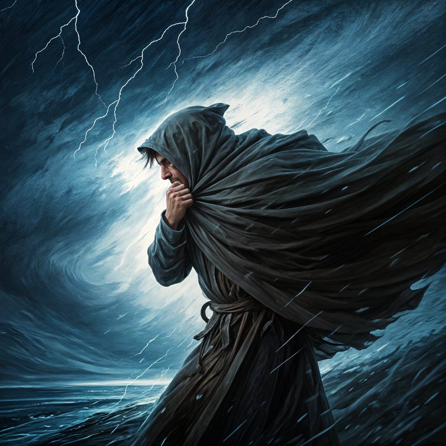 Traveler Against Storm in Dramatic Oil Painting