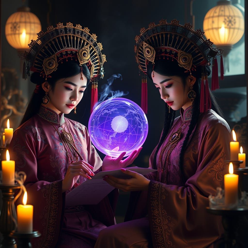 Two Chinese Scribe Women in Mystical Chamber