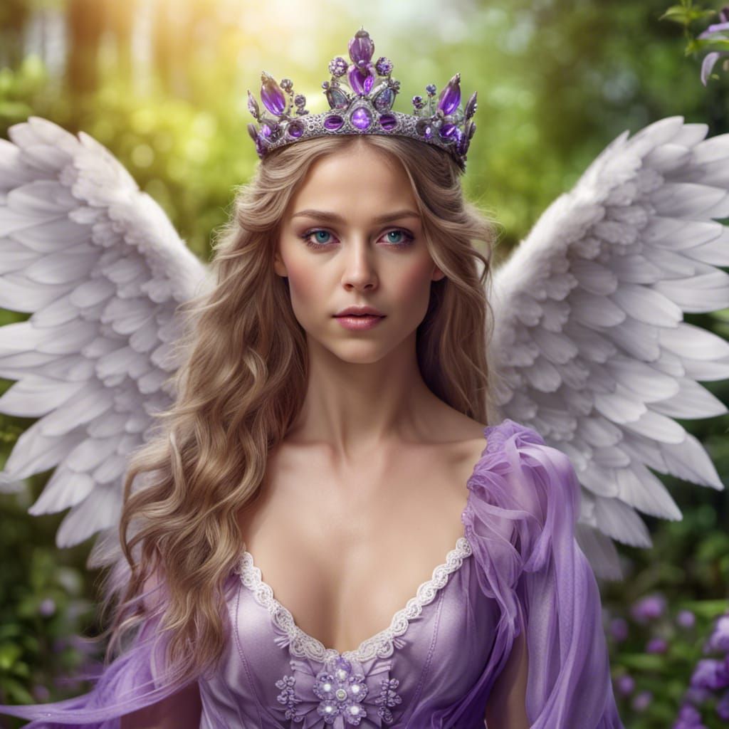 Angel with Violet Crown in Garden, Hyperrealistic Style